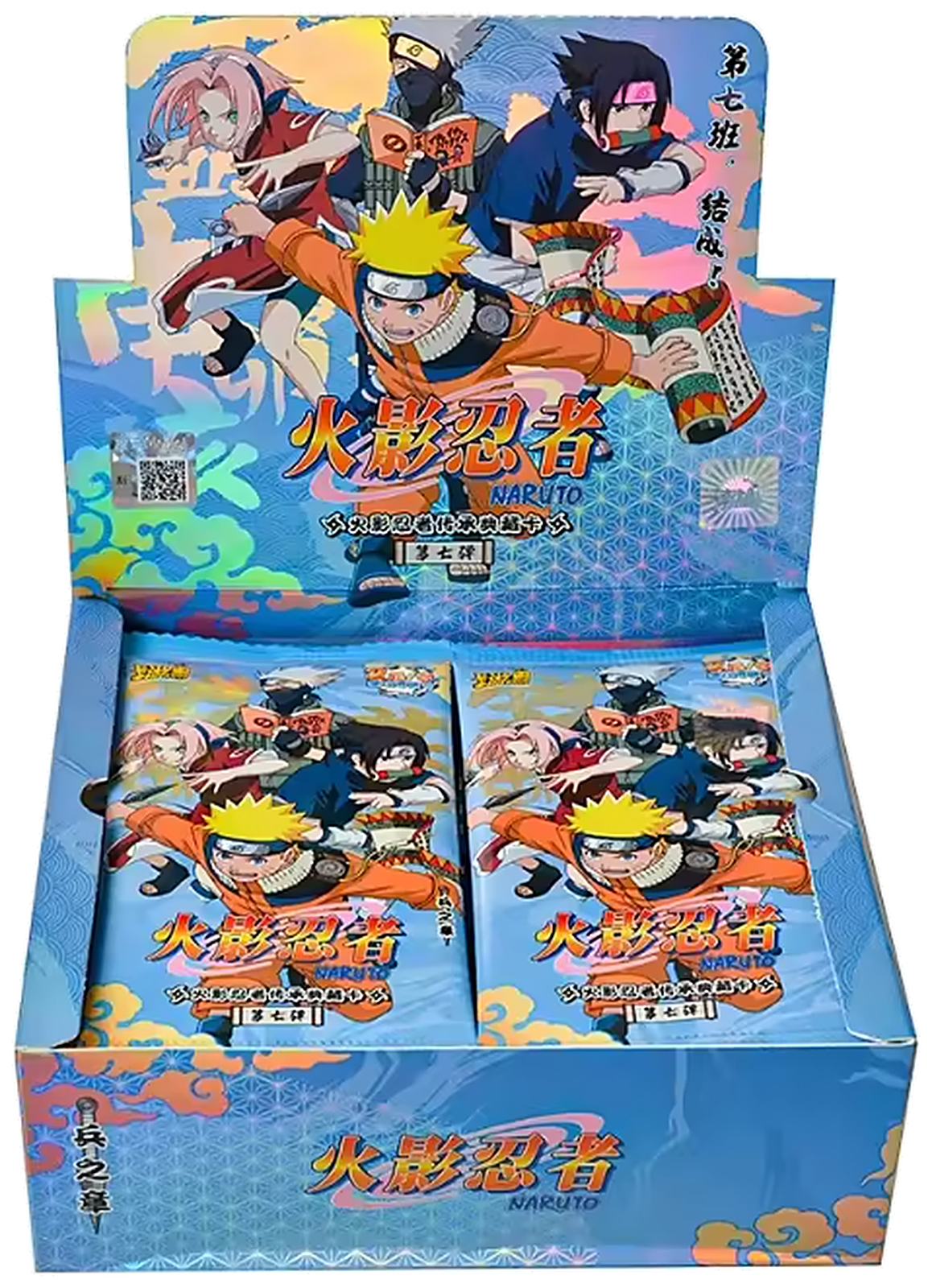 Boîte Naruto Kayou T2W7 bleue ouverte, avec l'équipe 7 sur le couvercle et les boosters visibles